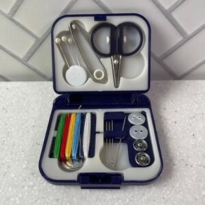 Vintage Tiny Navy Blue Compact Travel Sewing Kit Emergency Mending Set with Case